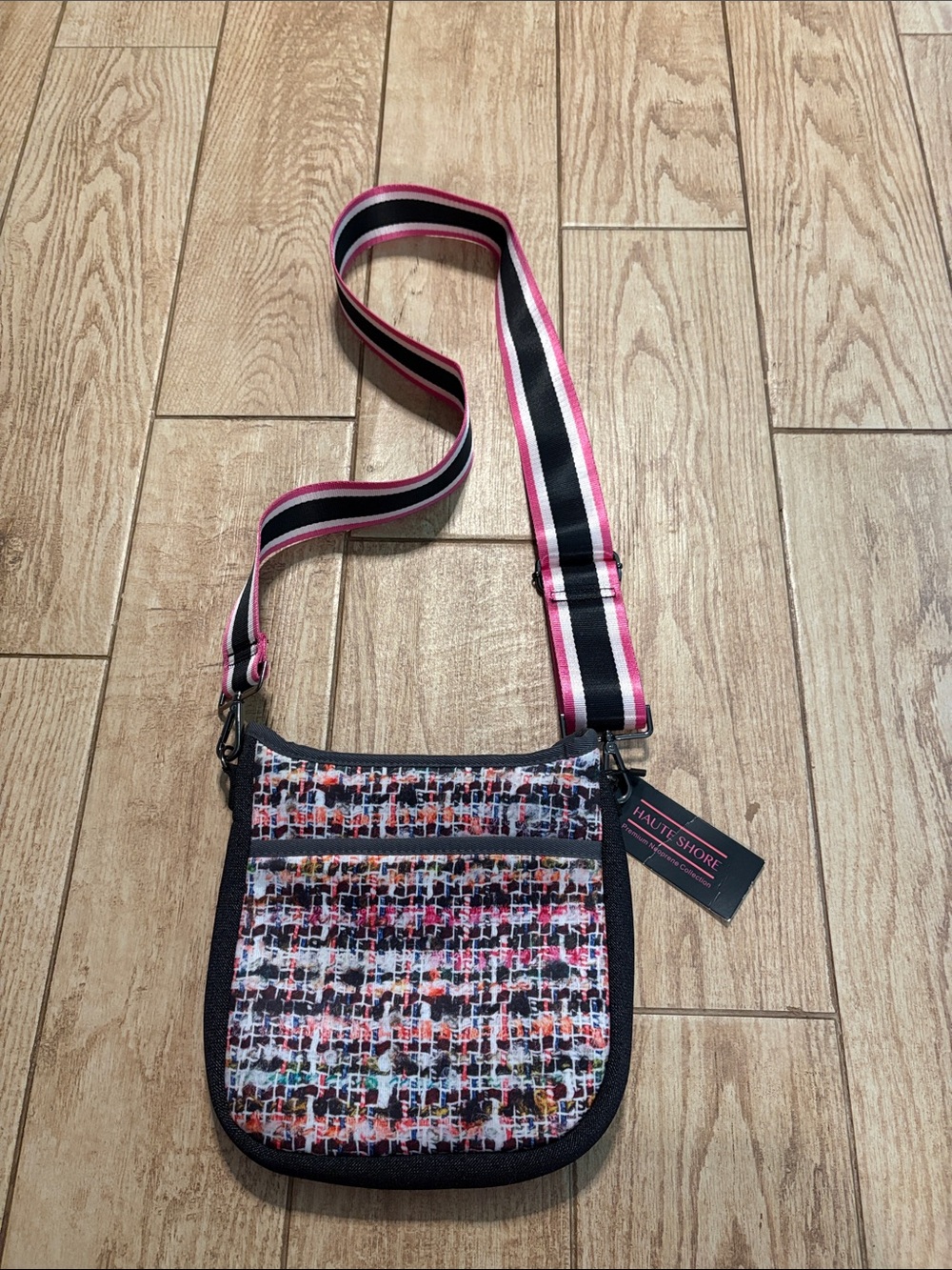 HAUTE SHORE Pink-Black Striped Strap Tweed Multi-Color Crossbody